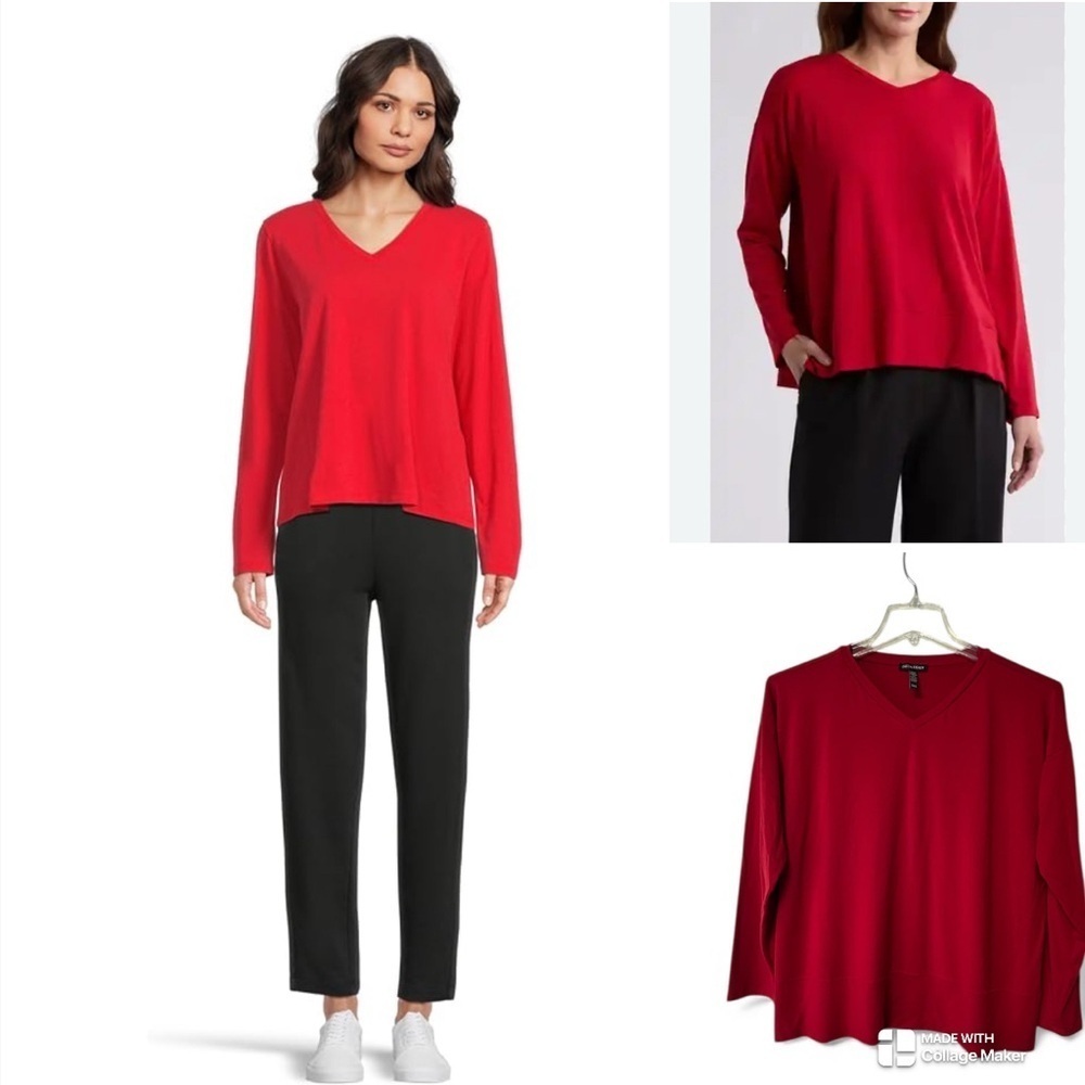 Eileen Fisher viscose Red V-Neck Long Sleeve Top